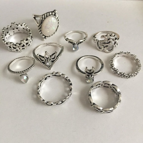 10 Piece Floral White Opal Midi Ring Set - Picture 2 of 5